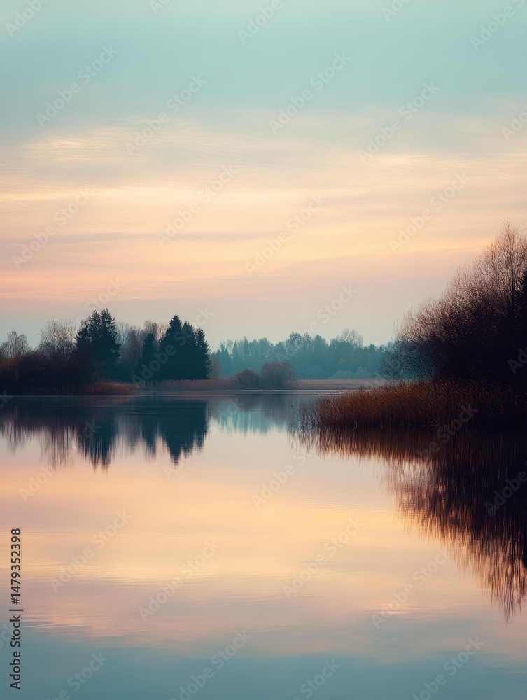 Fototapeta premium Tranquil Reflection of Soft Sunrise Hues Over Calm Water Surrounded by Forest and Reeds in a Serene Landscape