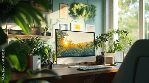 A 3D model of a person working remotely from a brightly-lit home office, houseplants and large monitor in view.