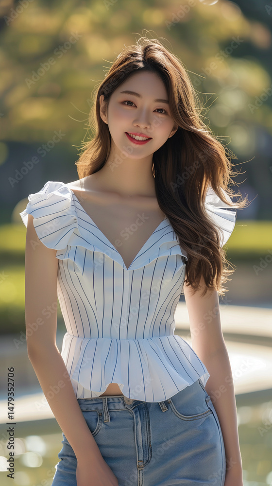 Fototapeta premium 민소매 블라우스 여름 패션의 한국 여성