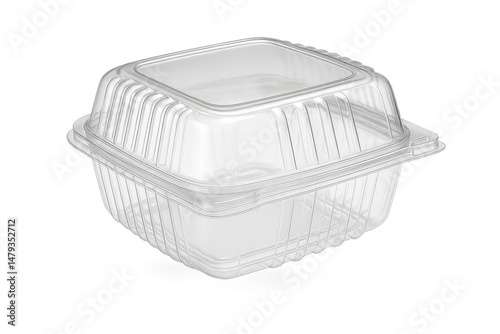 Transparent plastic clamshell container suitable for food storage and packaging on transparent background.
