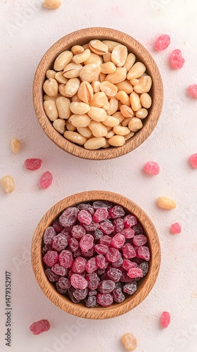 Flat Lay of Roasted Peanuts and Candied Berries in Wooden Bowls