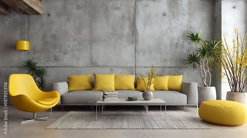 Modern Minimalist Living Room with Concrete Wall and Yellow Accents .