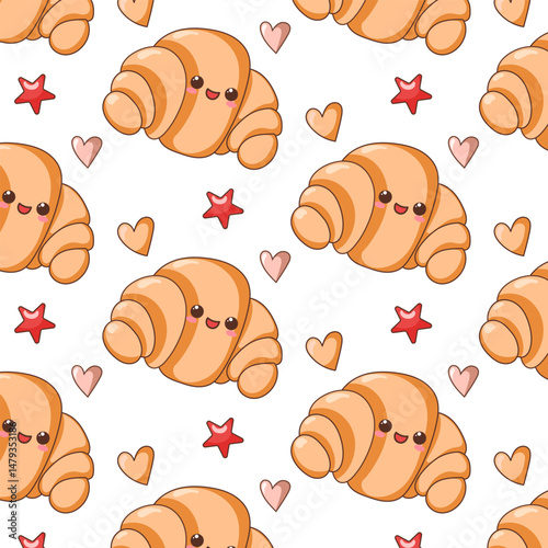 Kawaii Croissant character. Seamless pattern. Playful food for social media, kawaii character. Vector illustrations