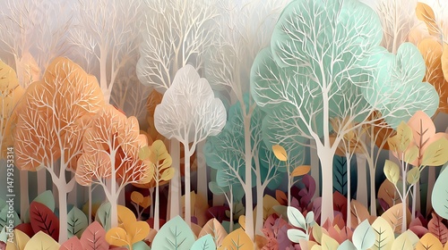 Paper Cutout Autumn Forest with Pastel Leaves and White Trees .