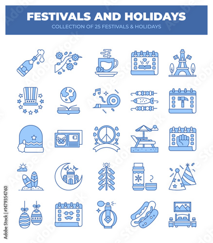 Collection of 25 Festive and Holiday Icons. A Visual Guide to Global Celebrations