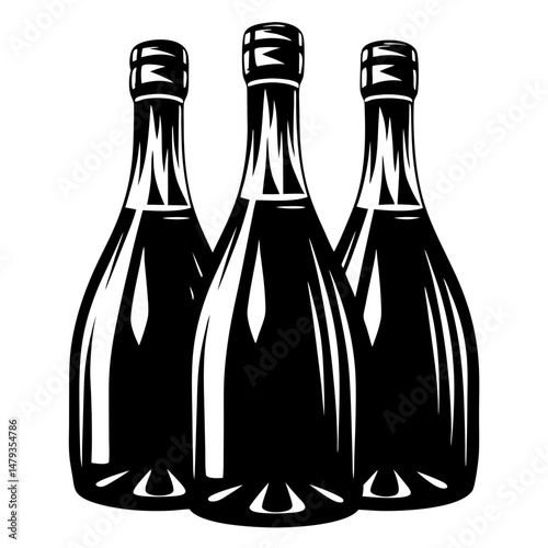 Three Vintage Champagne Bottles in a Row Black and White Illustration