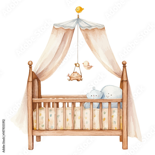 Crib, watercolor illustration, isolated on a white background.