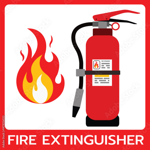This image illustrates a fire extinguisher in a bold red color, positioned beside a yellow and red flame, indicating its use in fire emergencies.