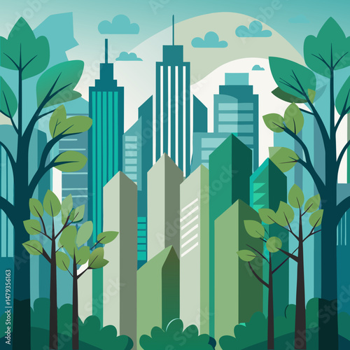 Sustainable Urban Landscape: A Minimalist Illustration of a Green City Blending Skyscrapers and Nature with Trees and Clean Design