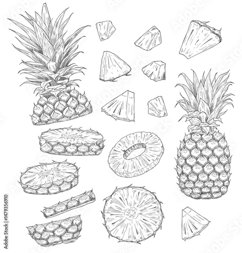 Sketch of pineapple. Isolated hand drawn ananas slices. Citrus fruit cut in half or tropical sliced product. Vegetarian and vitamin food, sweet desert vector drawing.