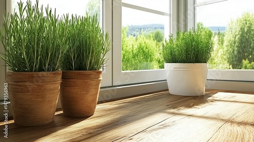 Fresh herbs in terracotta and white pots on a wooden windowsill, bathed in sunlight, overlooking a lush green landscape