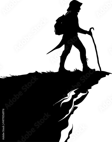 Black and white silhouette vector of a hiker standing on the edge of a cliff, holding a walking stick and wearing a backpack. 