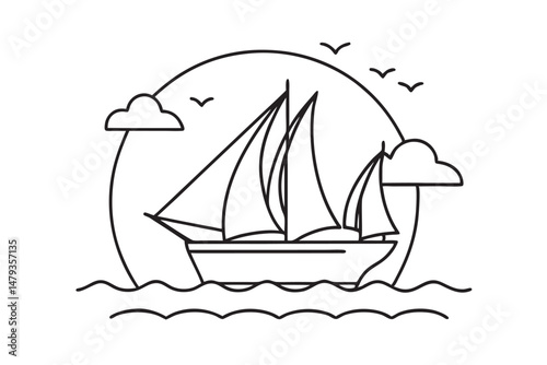 Simplified unset sailing outline artwork