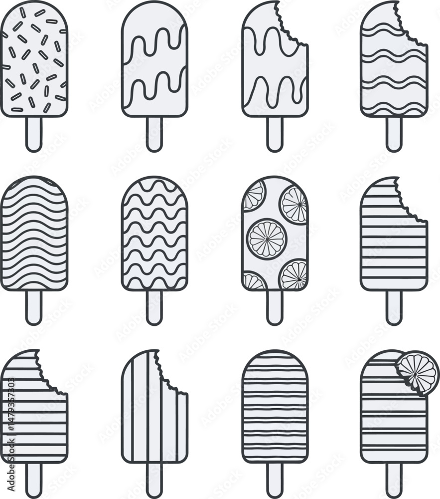 Collection of black and white outline illustrations of ice cream popsicles with various decorative patterns and bite marks. Collection of black and white outline illustrations of ice cream popsicles with various decorative patterns and bite marks.