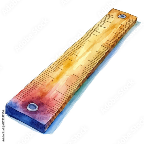 School Ruler, watercolor illustration, isolated on a white background.