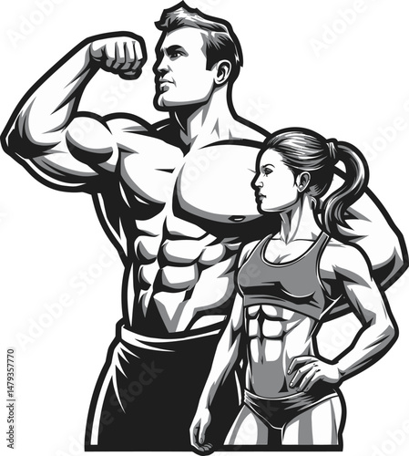 Powerful black and white illustration of a muscular man and fit woman posing together in bodybuilding stance. 