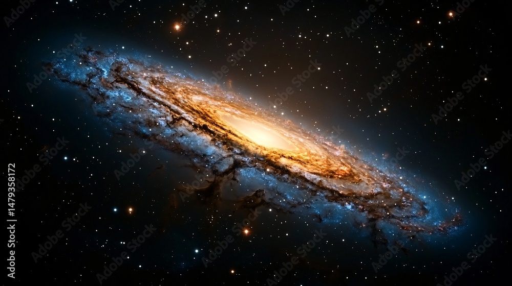 Fototapeta premium a vivid cosmic wave of color rippling through a dark galaxy, illuminated with prismatic hues, energy particles suspended mid-space, nebula fragments, subtle glowing dust trails