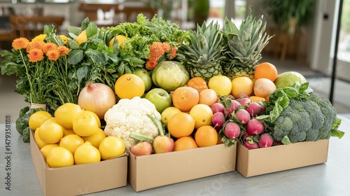 Fresh produce assortment in cardboard boxes.  Variety of fruits and vegetables including leafy greens, citrus, apples, pineapples, and more