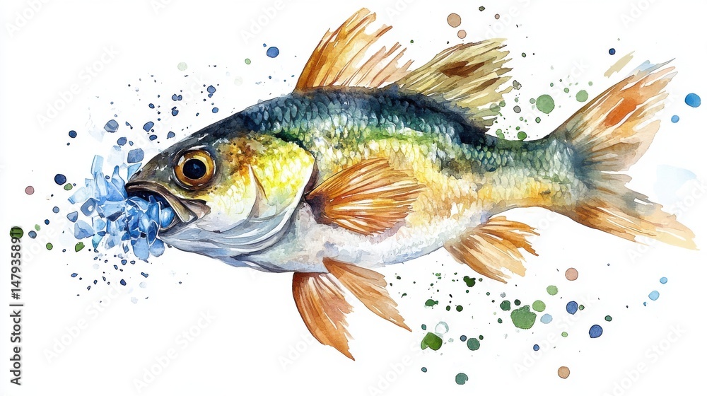Fototapeta premium Fish ingesting plastic particles showing food chain effects and ecosystem concern : Microplastic in Ocean Ecosystem Research 