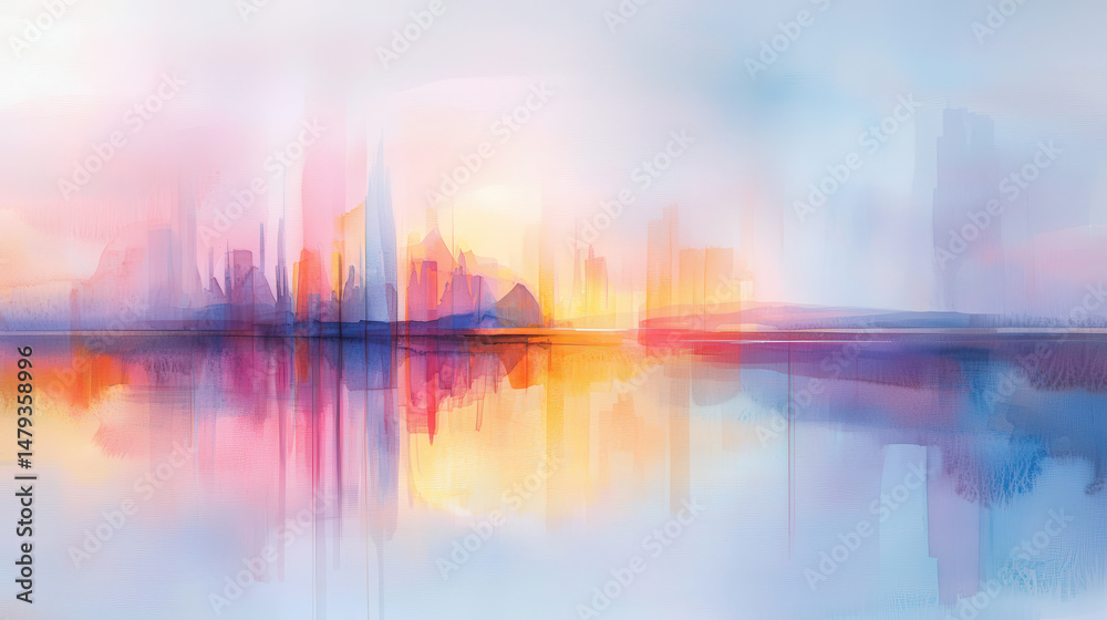 Fototapeta premium Vibrant city skyline reflected in calm water, showcasing soft pastel colors and dreamy atmosphere. scene evokes sense of tranquility and wonder