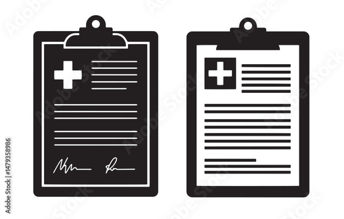 Medical Report Form Silhouette Vector for Patient Records and Clinical Documentation Use.  Medical Clipboard Silhouette Vector for Hospital Patient Records and Healthcare Notes Design