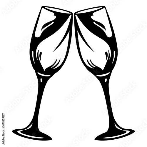 A toast with two elegant champagne flutes black and white graphic design illustration