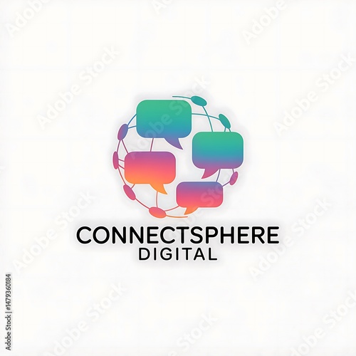 Abstract digital communication network logo with vibrant gradient speech bubbles on a global sphere symbol