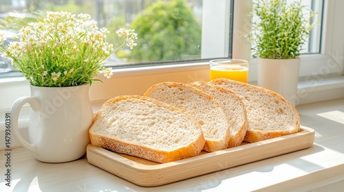Freshly sliced bread on a wooden tray, beside a small bouquet of flowers and a glass of orange juice, by a sunny window