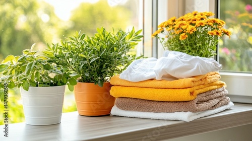 Freshly washed laundry and potted plants on a windowsill.  Sunlight streams through, illuminating the colorful towels and greenery
