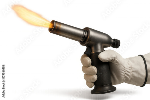 A hand in a protective glove holding a lit blowtorch with a visible flame on transparent background.