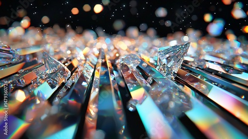 realistic starlight passing through prismatic crystal formations in orbit, glowing rainbow caustics, space dust particles, cosmic atmosphere, black background with pinpoint stars
