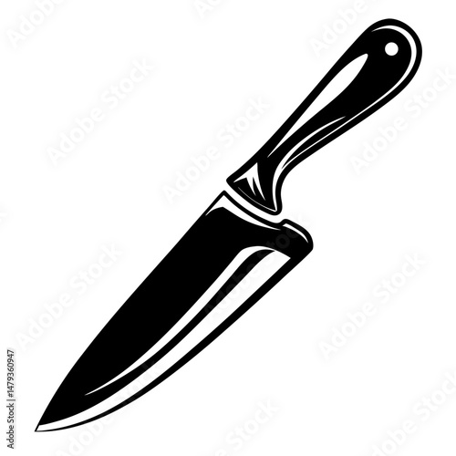 A black and white illustration of a sharp kitchen knife with a handle