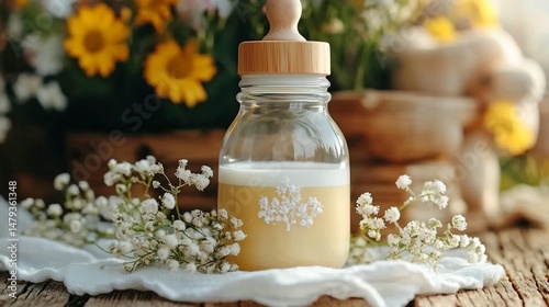 Glass baby bottle with light yellow liquid, wooden cap,  surrounded by flowers and a wooden crate