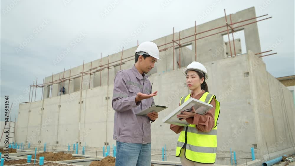Engineers and architecture inspect and supervise the construction of building walls and foundations of residential buildings