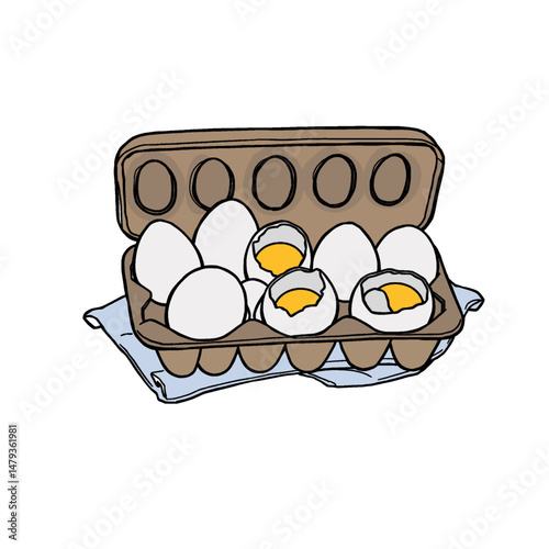 Chicken eggs in packaging. Fresh brown eggs in paper box, container. Fresh raw eggs whole and broken in white and yellow. Vector illustration. Flat cartoon style. Breakfast, organic farm food concept.