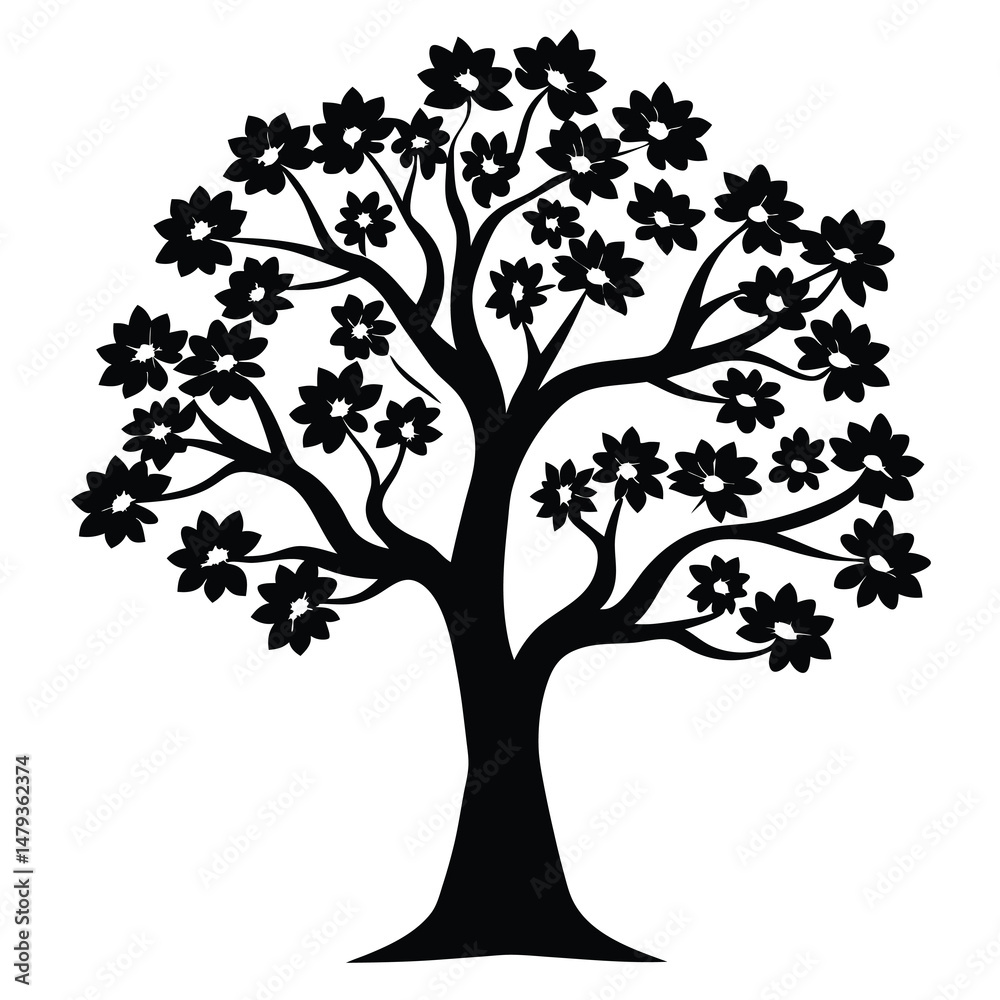 Fototapeta premium Black and White Silhouette of a Blossoming Tree with Many Flowers