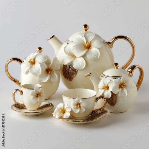 Floral Teapot and Tea Cup Set Displayed on White Background
