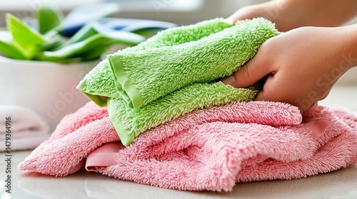 Hands folding colorful towels on a countertop.  Soft, textured towels in pink and green are neatly stacked