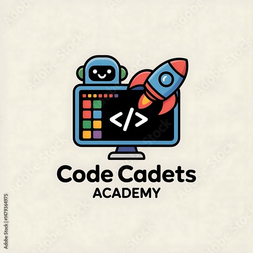 Colorful logo design representing a modern coding academy with robot and rocket