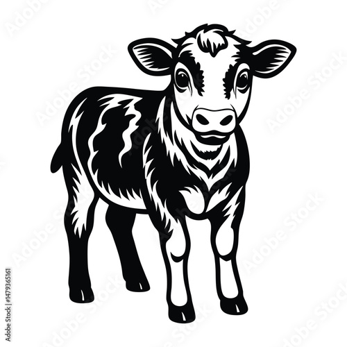 A happy baby cow Vector, drawn in a woodcut style with simple line art