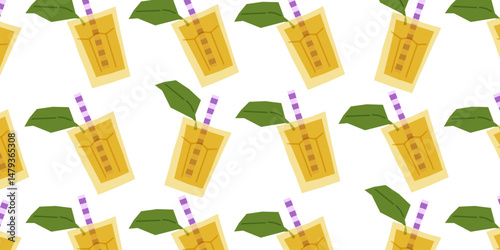 Striped Straw Lemonade Glass Pattern with yellow drinks, green mint leaves and purple straws arranged on a white seamless background in playful flat style.