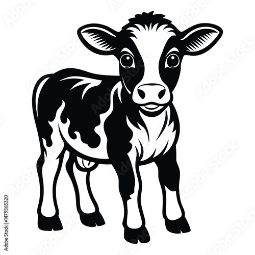A happy baby cow Vector, drawn in a woodcut style with simple line art