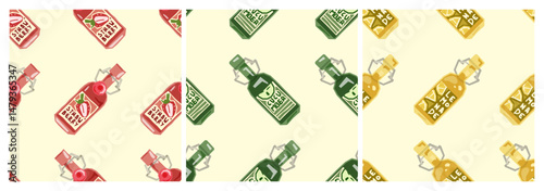 Seamless Fruit Drink Bottle Pattern with strawberry, cucumber, and lemonade bottles drawn in flat cartoon style, featuring isolated labels on a pale yellow background.

