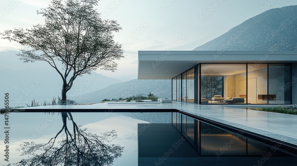 Fototapeta premium Modern, minimalist home with pool, mountain view