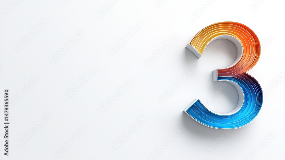 Fototapeta premium Colorful number three design with gradient effect, showcasing vibrant hues of orange and blue against clean background