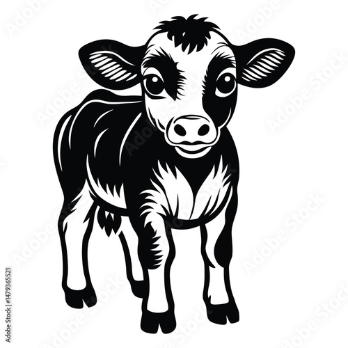 A happy baby cow Vector, drawn in a woodcut style with simple line art