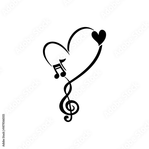 Stylized treble clef intertwined with a heart symbol representing love for music
