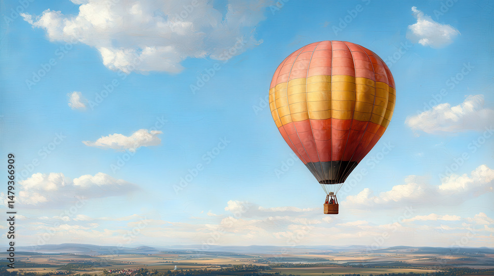 Fototapeta premium Vibrant hot air balloon floats gracefully clear blue sky, surrounded by picturesque landscapes and fluffy clouds, evoking sense of adventure