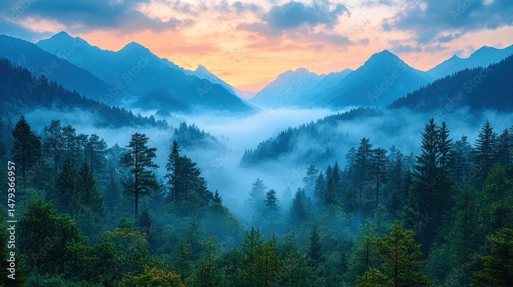 Obraz premium Misty mountain valley at sunrise (1)