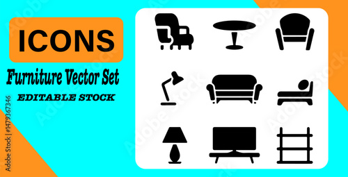 Furniture Icon Set: Sofa, Chair, Table, Lamp, Bed, TV, Shelf